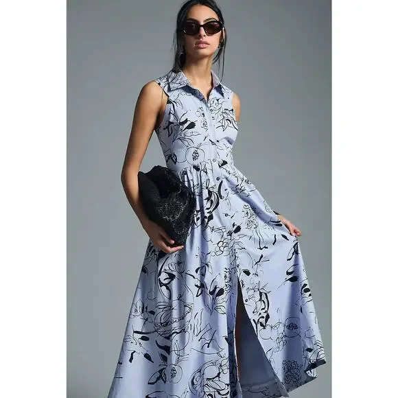 Maeve | Dresses | Anthropologie Maeve Light Blue Black Birds Collared  Sleeveless Shirt Dress Us 4 | Poshmark